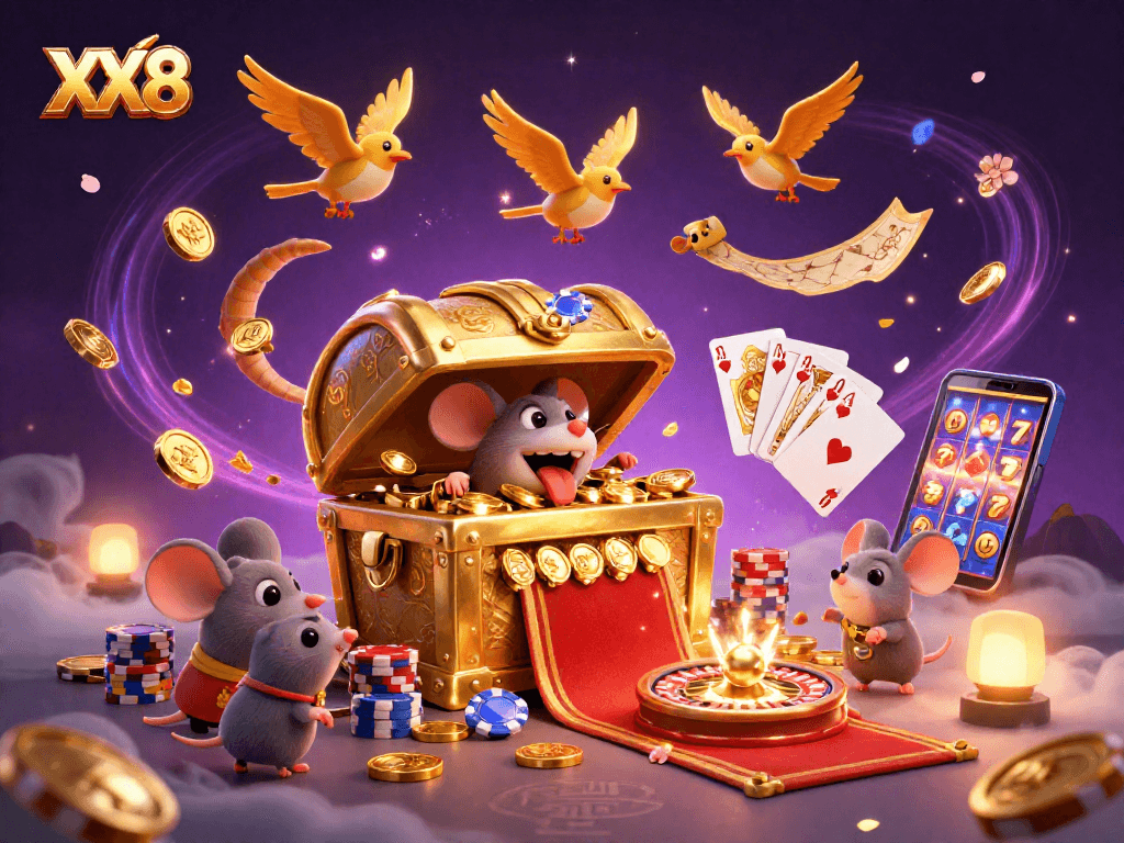 Play and win big with XX8 in this vibrant casino-themed 3D illustration!