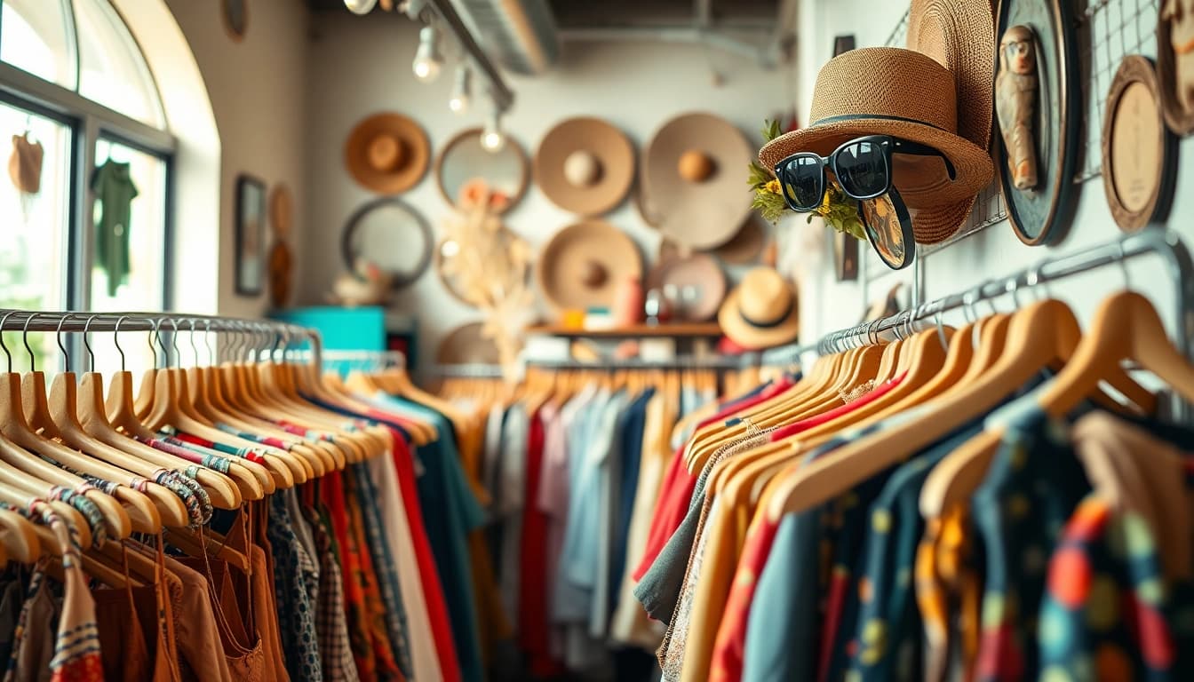 Shop unique thrift items at https://thrift-vintage.com/ in a cozy vintage boutique setting.