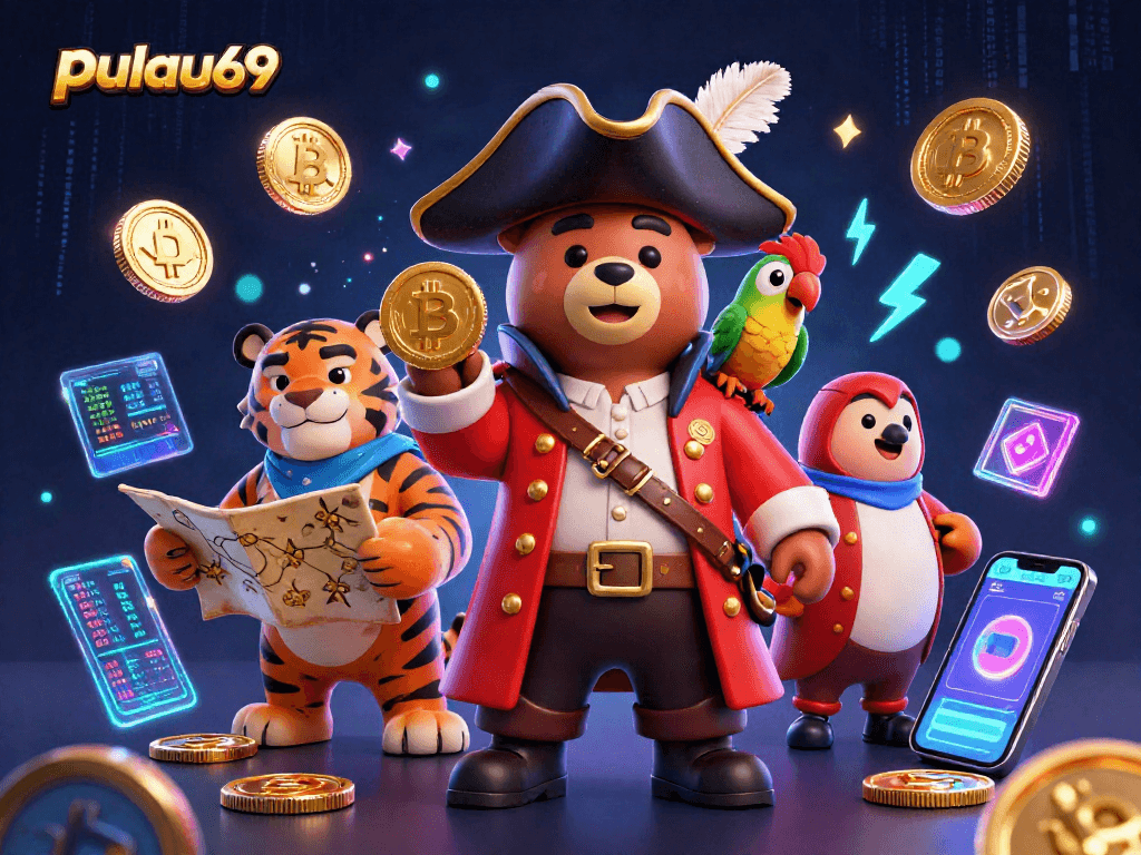 Experience the excitement of pulau69 with pirates, crypto coins, and dynamic casino elements in this vibrant 3D illustration.