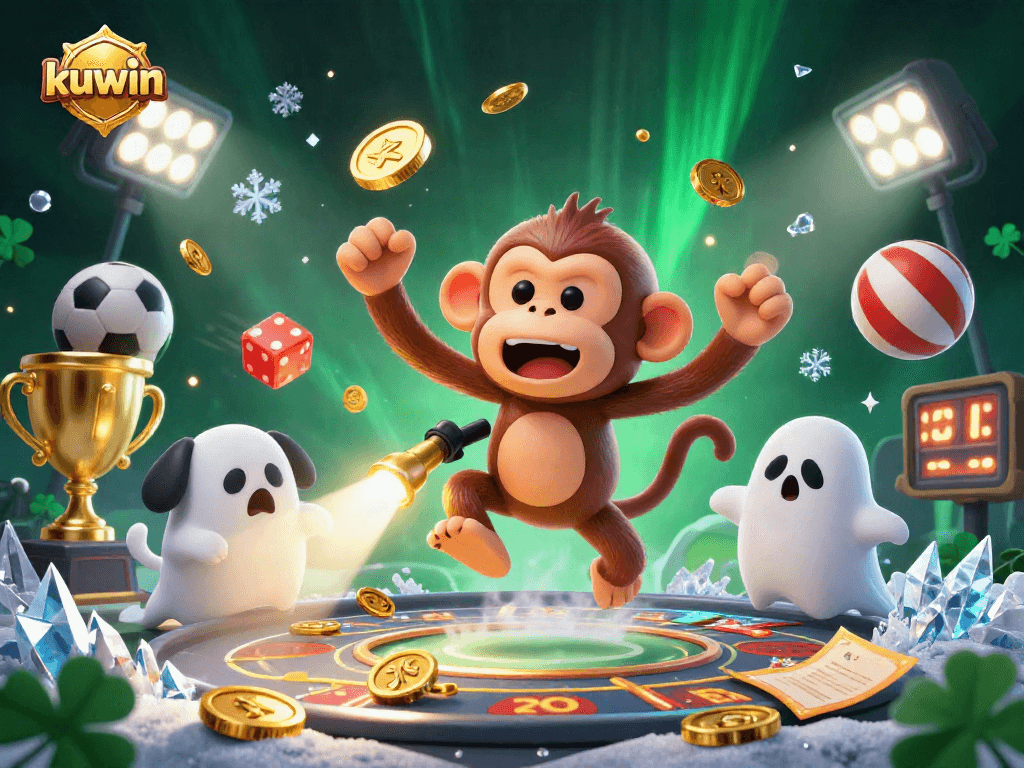 Kuwin casino scene with poltergeist monkey juggles gold while ghost-hunter puppy tracks in haunted atmosphere.
