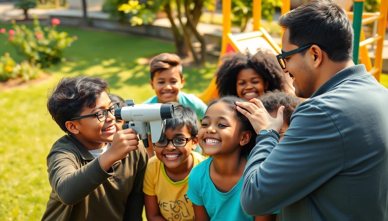 Promoting Our Children's Vision through an engaging outdoor eye screening event with joyful children.