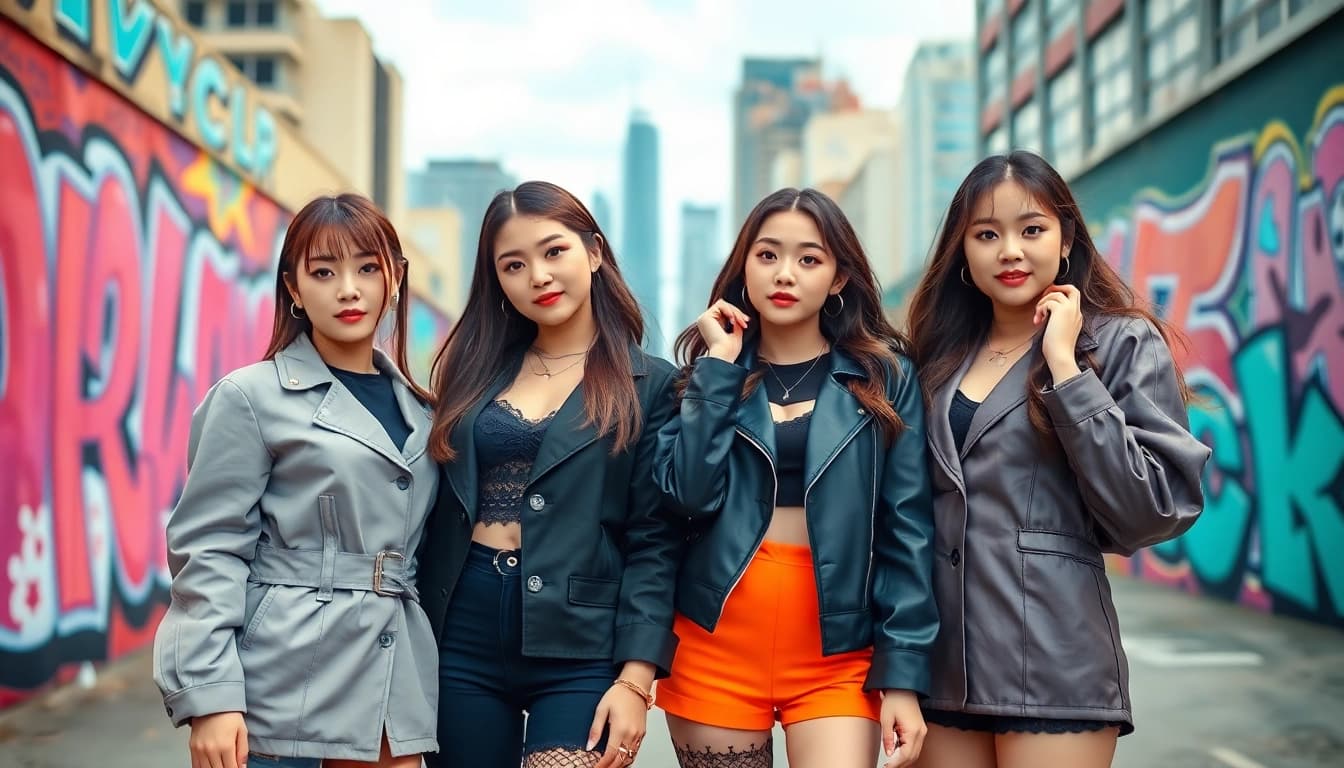 Blackpink members posing confidently in a vibrant urban setting, showcasing individual styles.