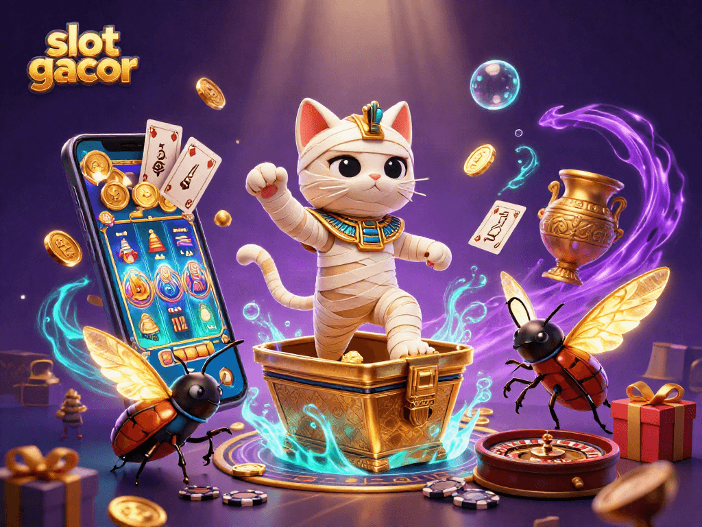 Engage in thrilling action with slot gacor through vibrant golden imagery featuring an Egyptian mummy cat and casino elements.