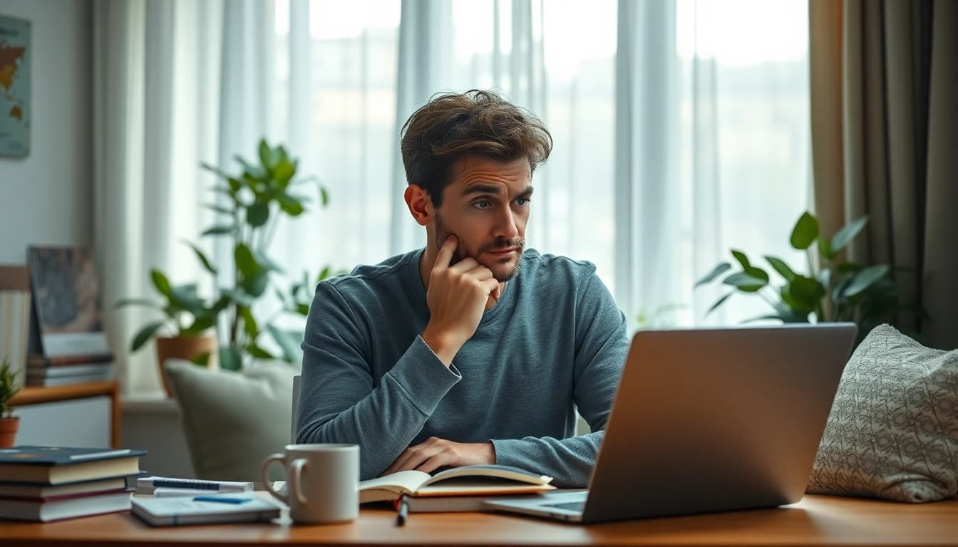 Person experiencing brain fog, seated at a desk in a serene environment, showing signs of contemplation.