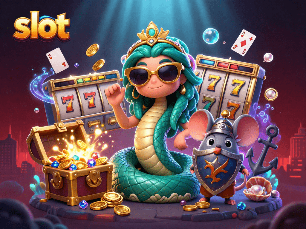 Experience exciting slot adventures with a whimsical Medusa and mouse in this vibrant casino scene.