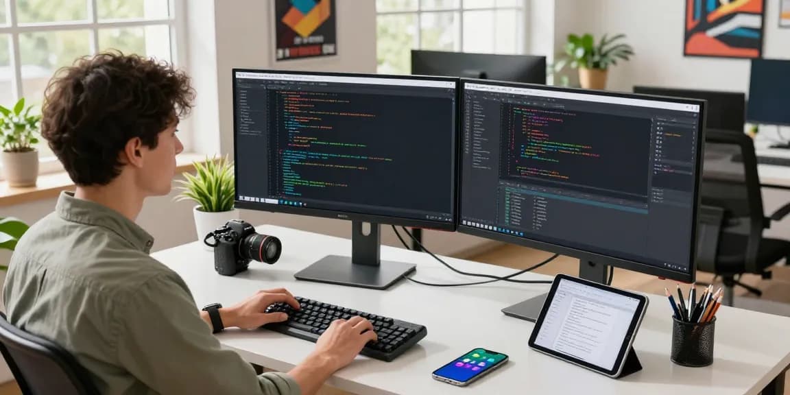快连 software developer in modern office coding on dual screens