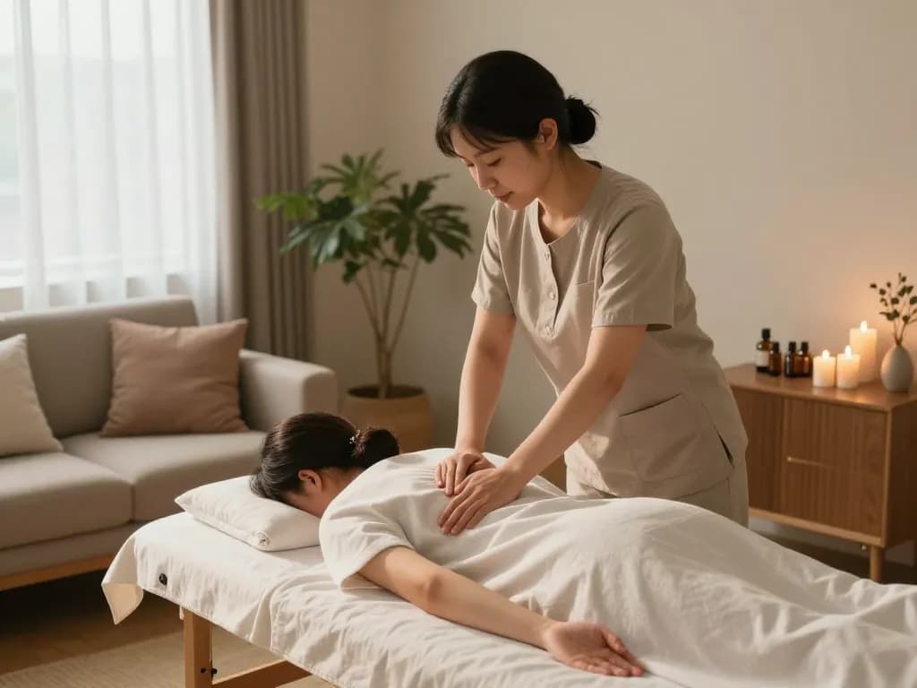 Relaxing 부천 출장마사지 scene with a therapist providing a soothing massage in a peaceful living room setting.