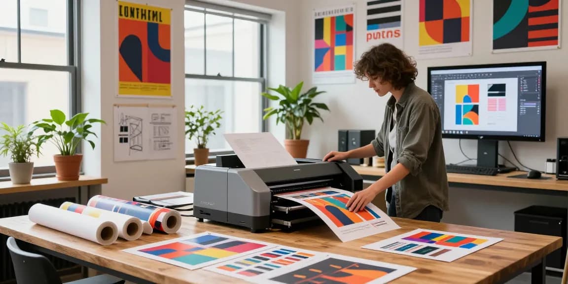Graphic designer printing vibrant posters using advanced Poster Printer Machines in a creative studio environment.