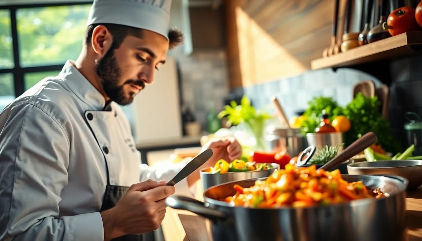 Chef in action at dishfacts, showcasing vibrant ingredients and a professional kitchen setting.