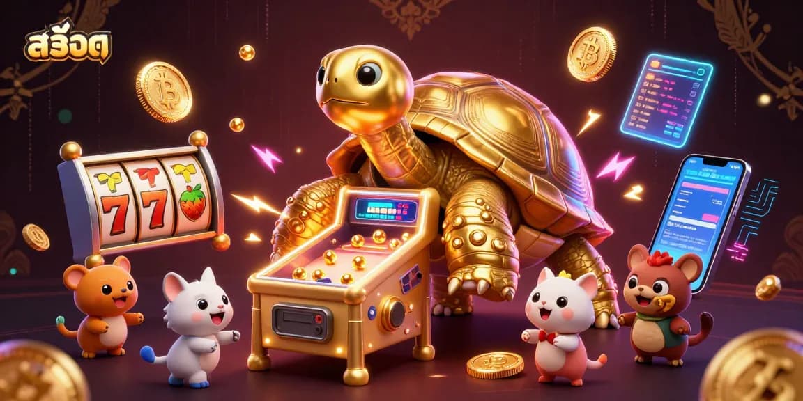 Spin the exciting สล็อต reels with a colossal golden tortoise in a vibrant casino scene.
