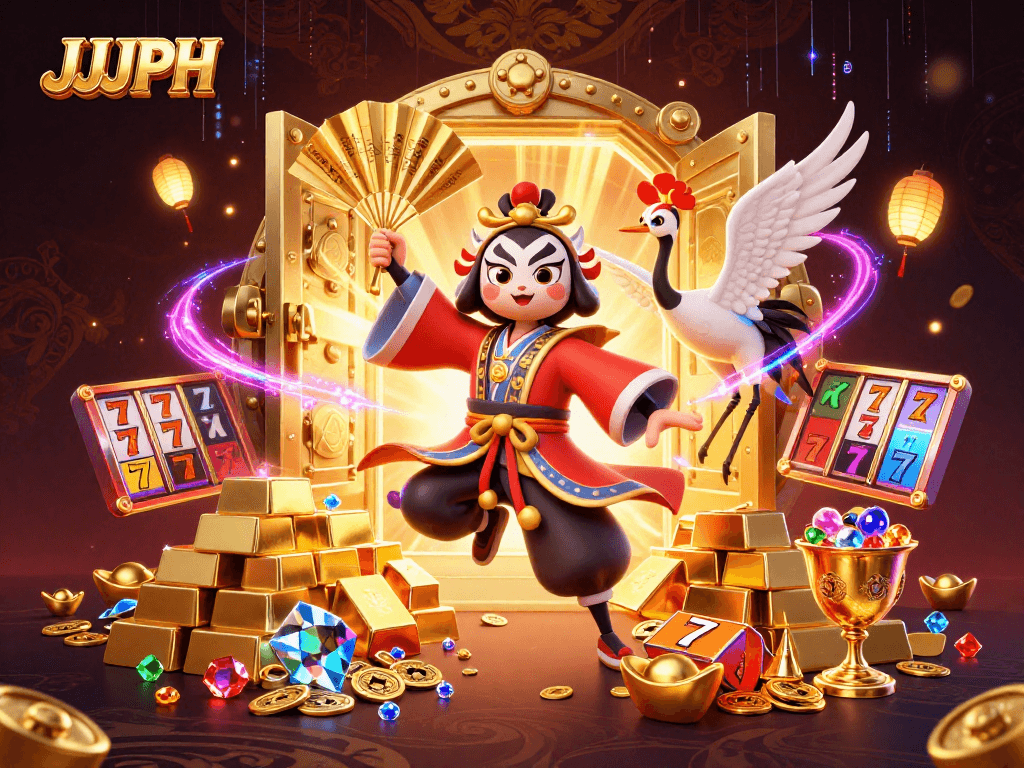 Engage with JJJPH's vibrant casino scene featuring a kabuki warrior and gems.