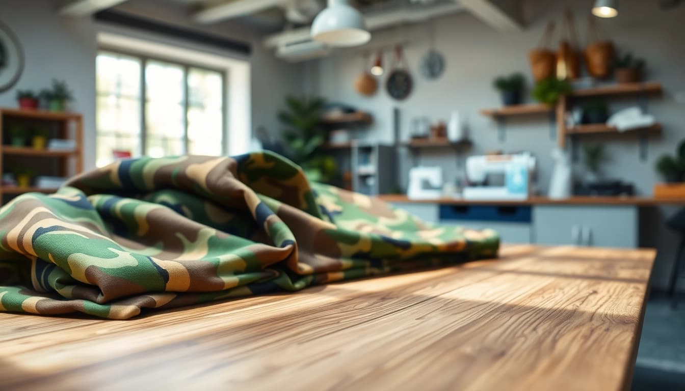 Camouflage print stoffen in verschillende kleuren en patronen op een houten tafel gerangschikt.