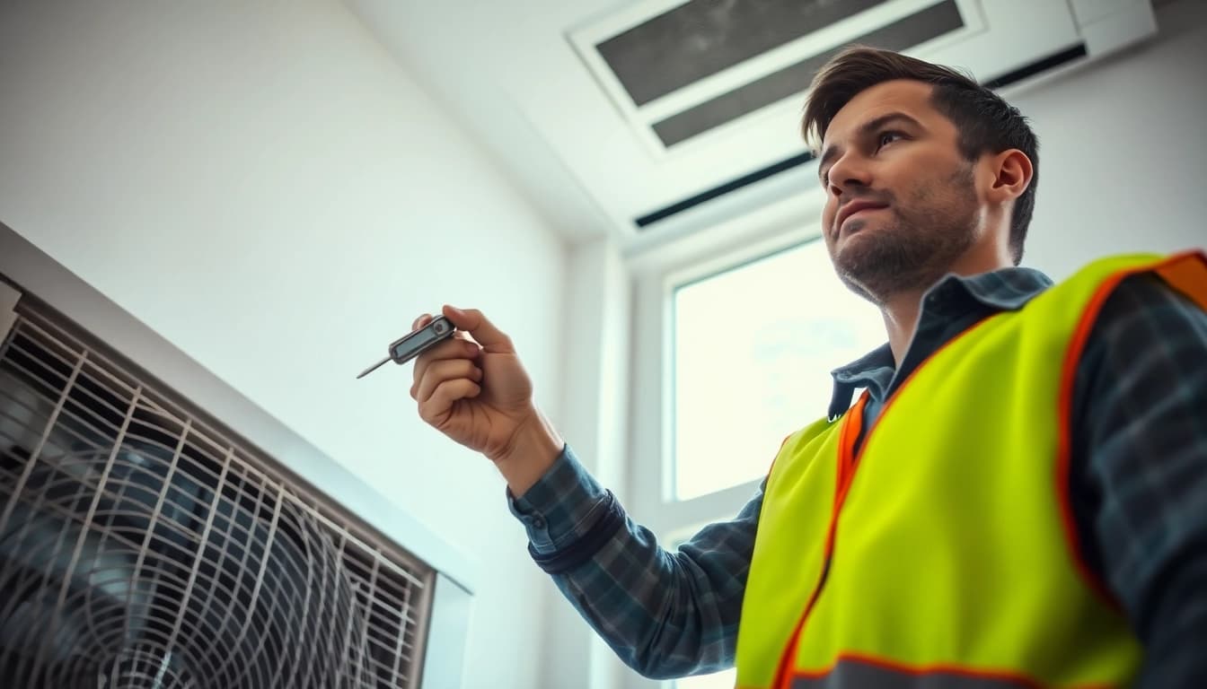 HVAC Repair Tampa expert repairing an air conditioning unit in a bright, professional setting.