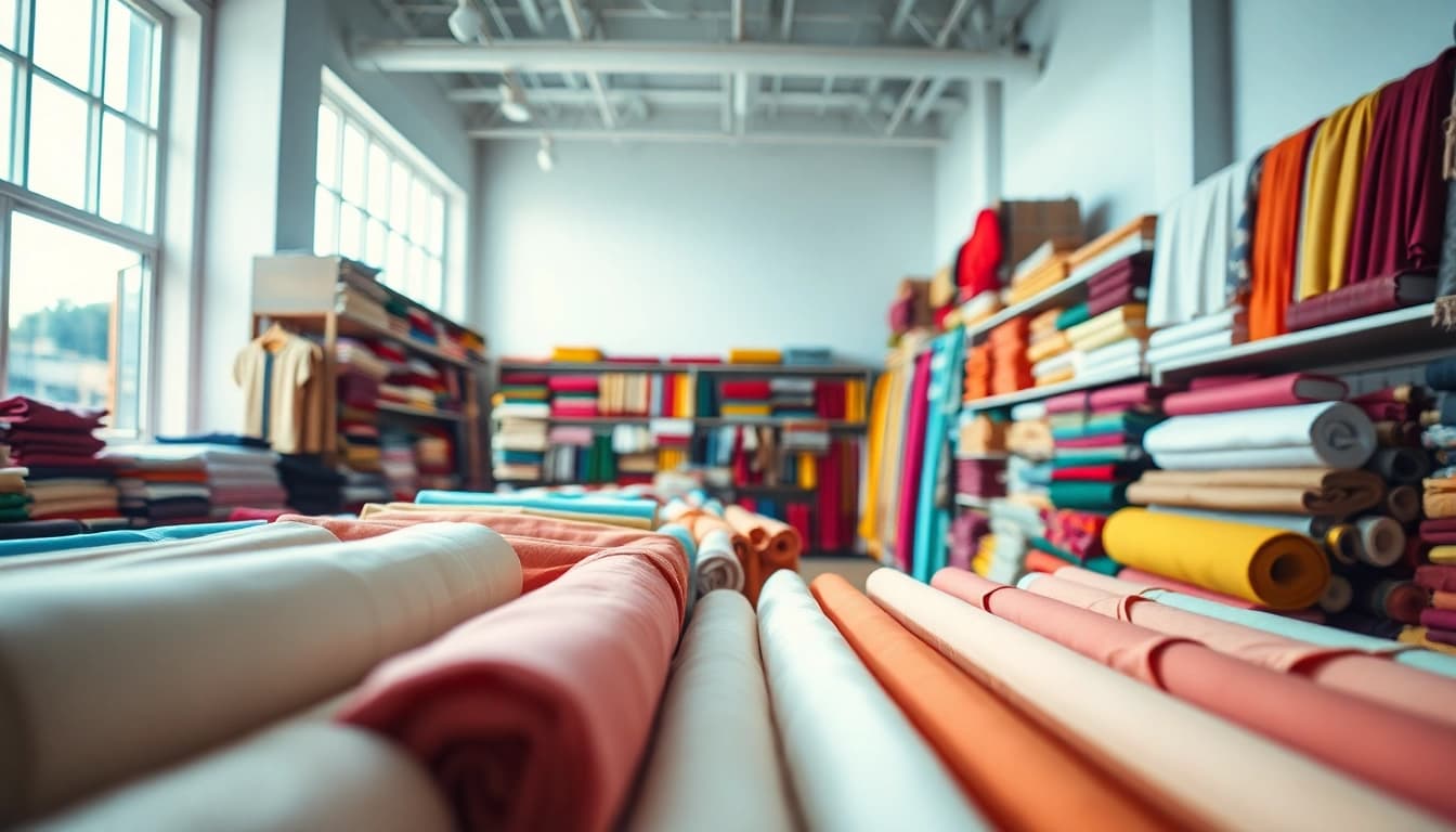 Stoffen online bestellen met een kleurrijke selectie van stoffen in een heldere stoffenwinkel.