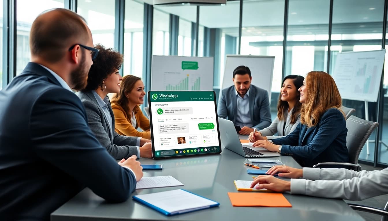 Learn what is a CRM for WhatsApp with business professionals discussing integration in a modern setting.