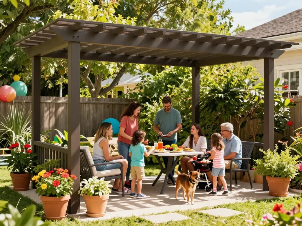 Family enjoying a custom pergola in their backyard, showcasing the online pergola configurator's design possibilities.