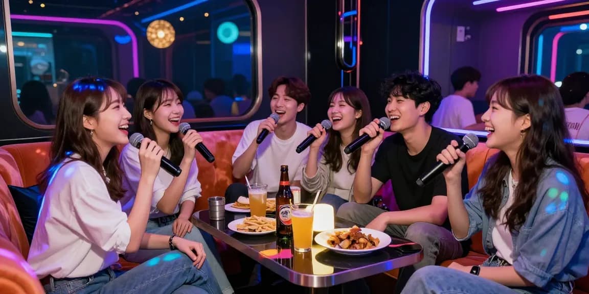 Enjoying the vibrant 인천쓰리노 karaoke experience with friends in a lively private lounge.