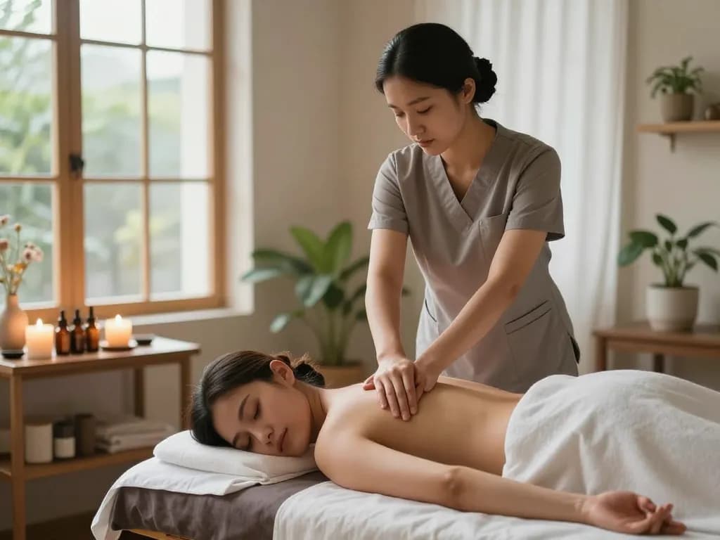 Relaxing 강남마사지 scene featuring a therapist providing a soothing Swedish massage in a peaceful atmosphere.