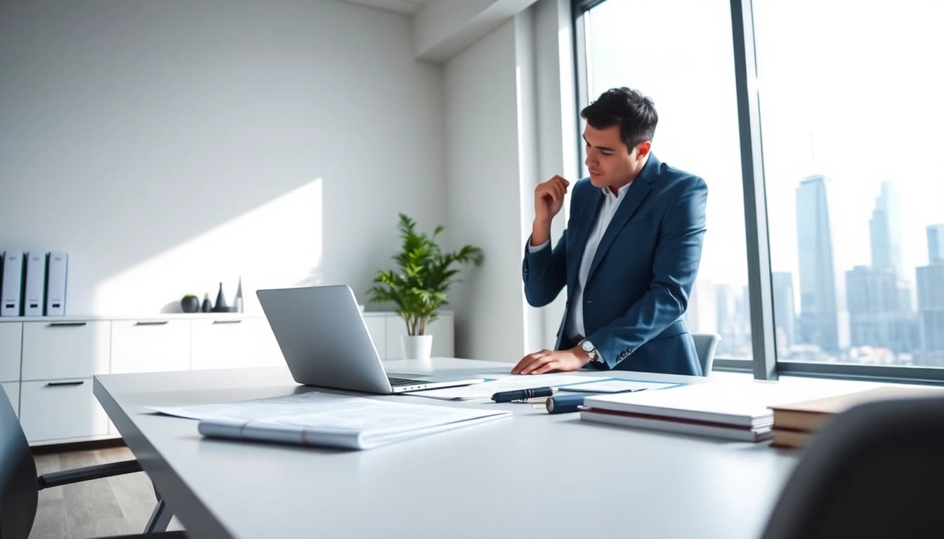 Analysiere finanzielle Strategien auf https://zukunftkapital.de in einem modernen Büro mit Stadtblick.