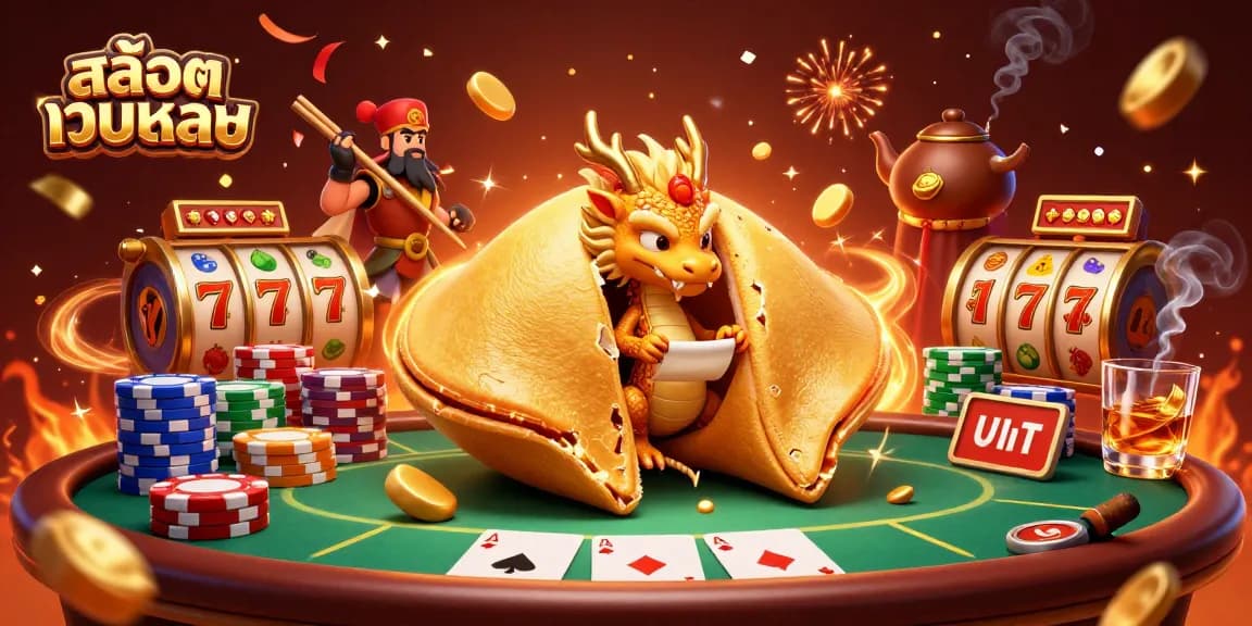 Spin the reels with สล็อตเว็บตรง: A vibrant illustration of a golden fortune cookie and casino elements.