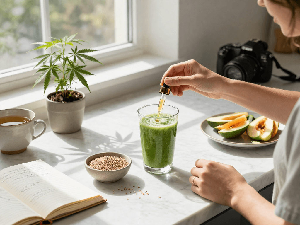 Buy pre-rolls online and explore premium wellness products, featuring CBD oil tinctures amidst fresh fruits and hemp plants.