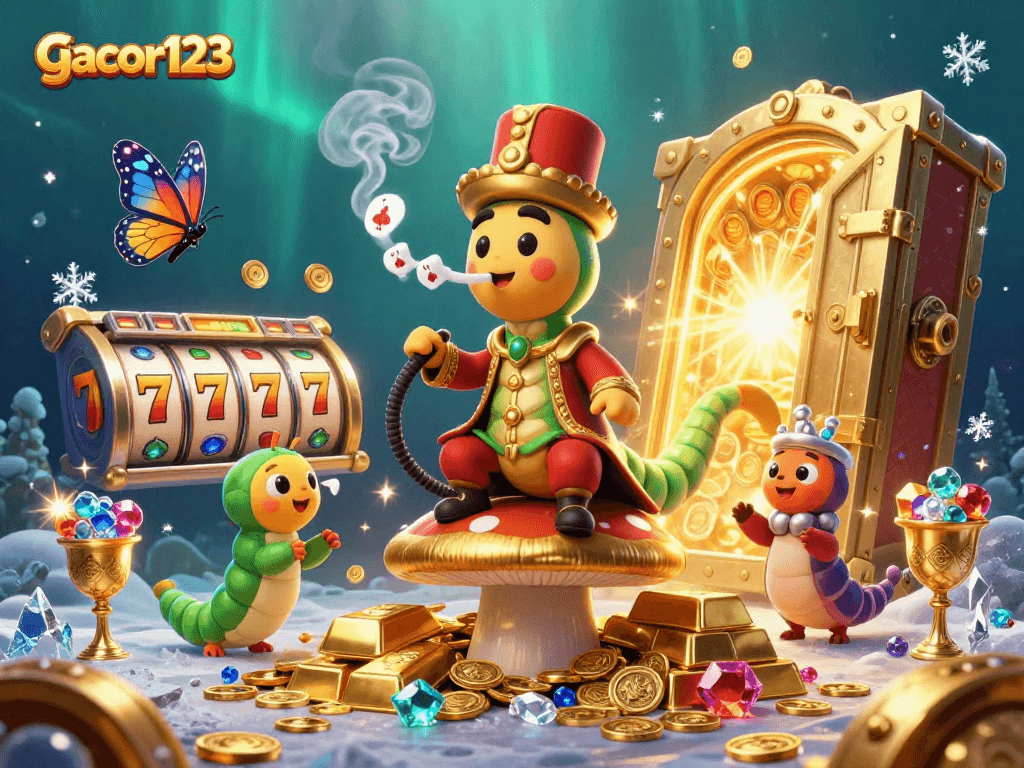 Engage with gacor123 slots featuring an animated caterpillar master at a lavish casino.