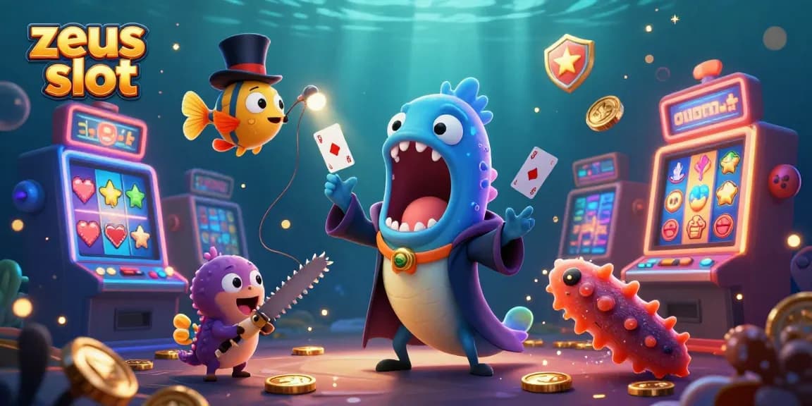 Experience the zeus slot magic with colorful characters and slot machine action in this vibrant casino scene.