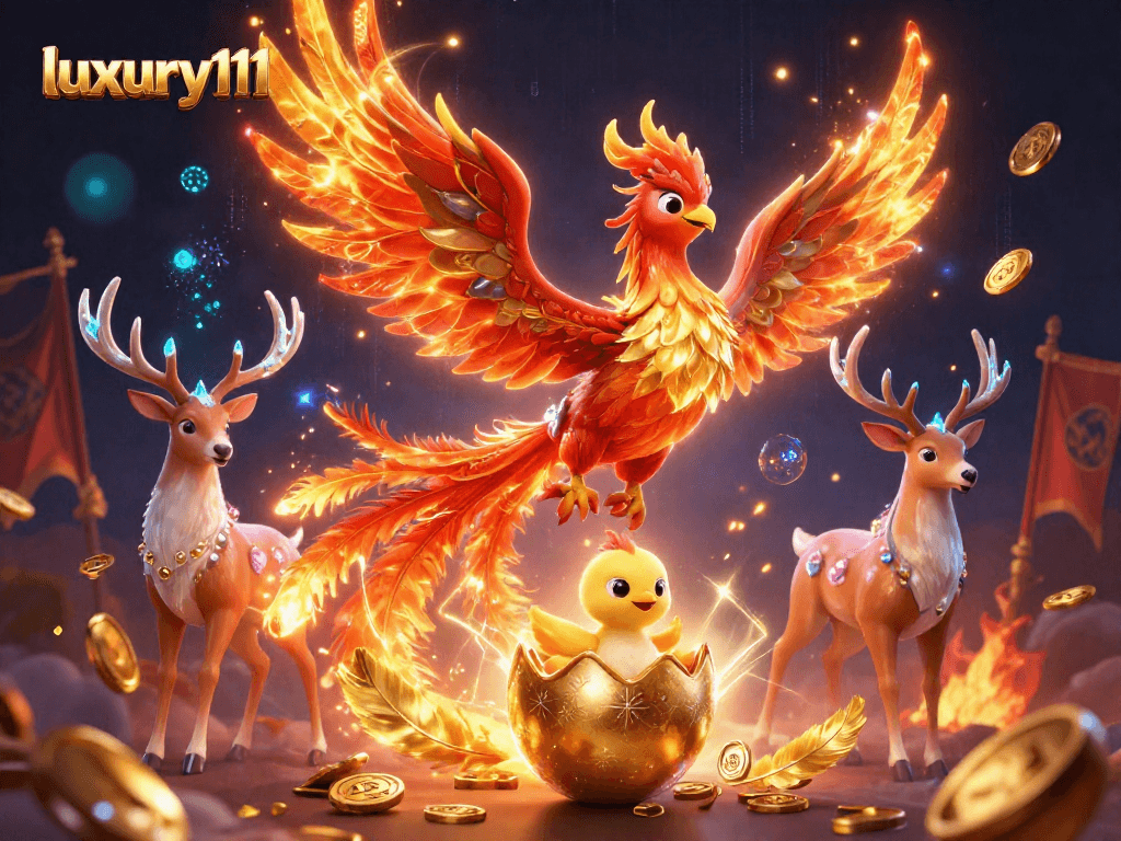 Experience luxury111's vibrant 3D casino scene with a soaring phoenix and rich gaming elements.