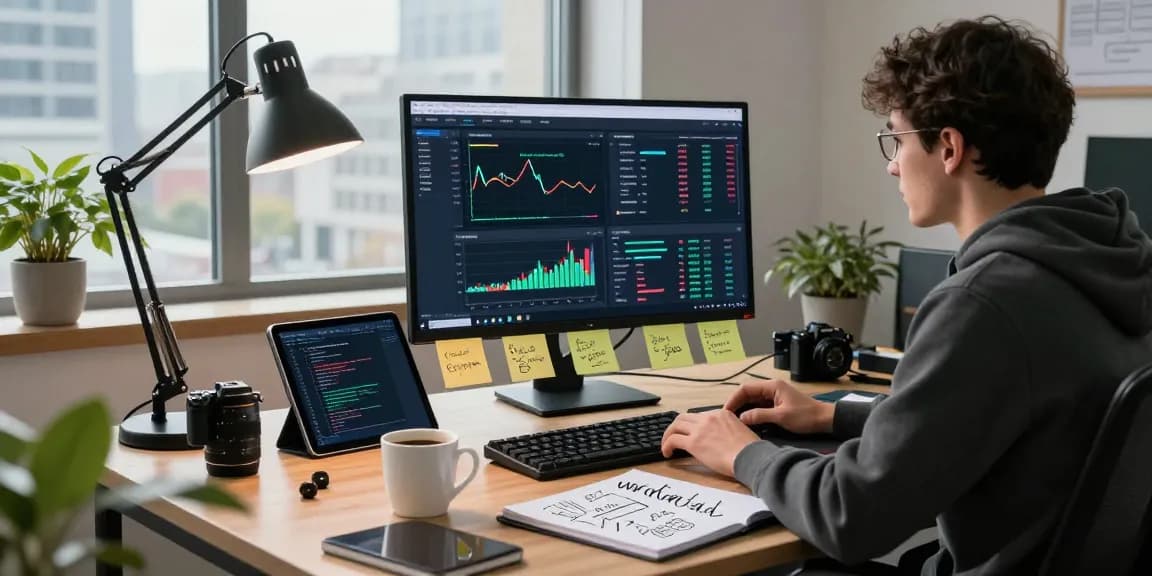 Developer utilizing WebSocket streaming market API at modern coding desk with real-time data feeds and city view.
