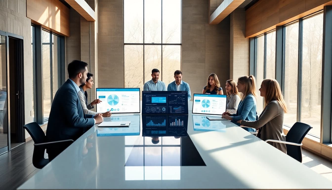 Team collaborating with enterprise search tools, showcasing analytics in a modern workspace.