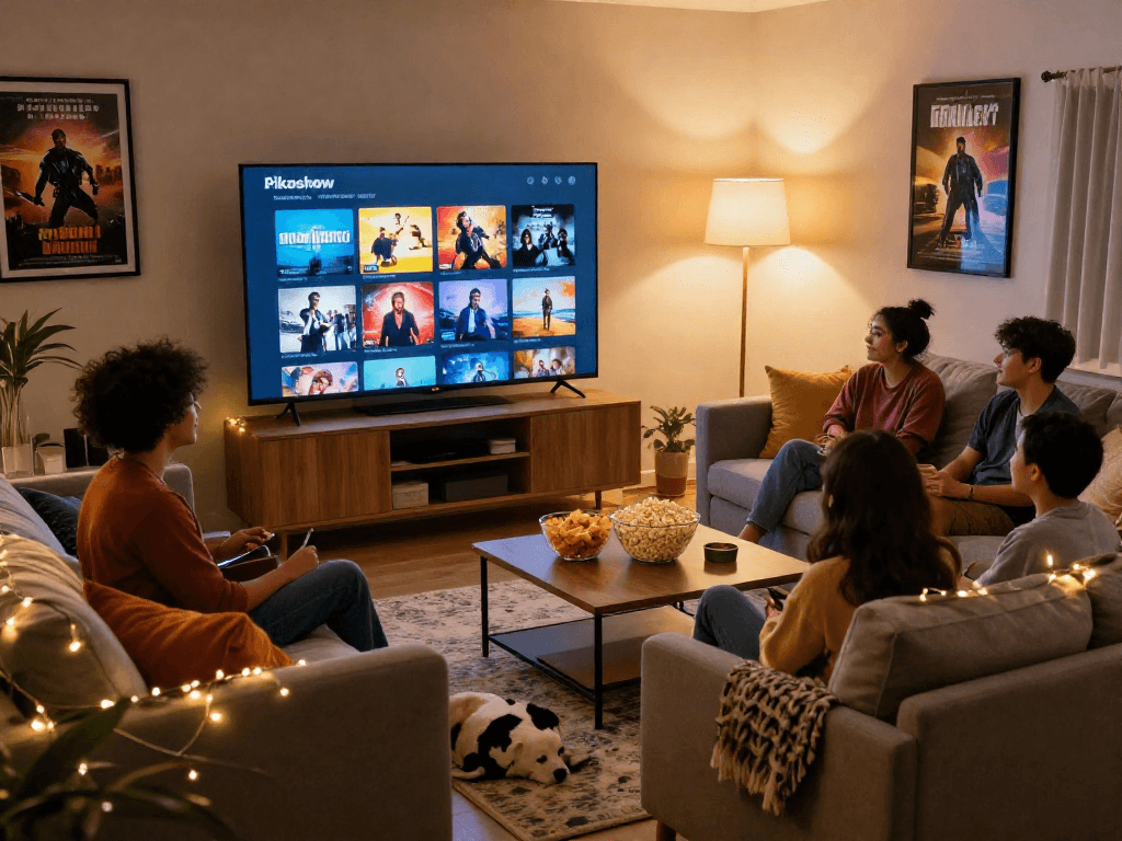 Friends enjoying entertainment on Pikashow in a cozy living room setting with popcorn and warm lighting