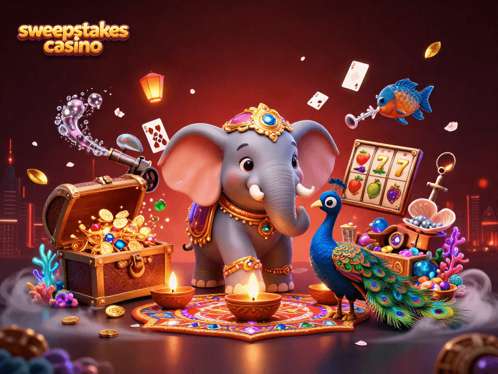 Experience thrilling gameplay at our sweepstakes casino with vibrant 3D elephant and colorful slot elements.