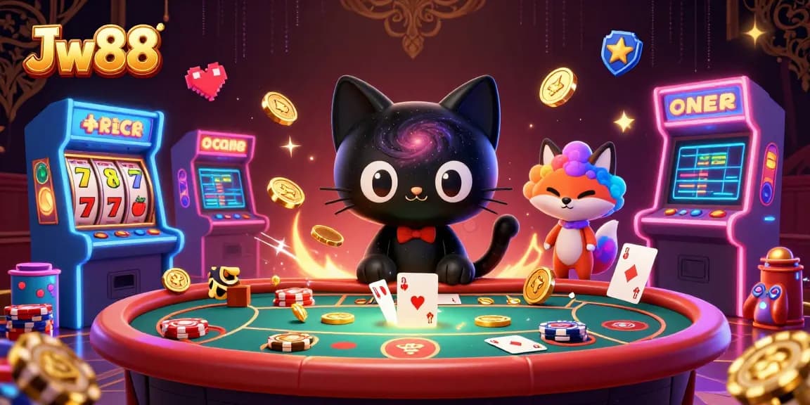 Experience the excitement of Jw88 as a cosmic black hole cat turns a casino table into a dazzling display of chips and cards