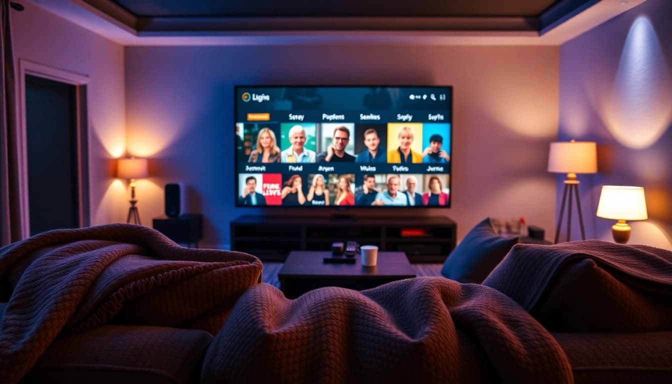 Watch TV series free on a cozy home theater with snacks and inviting ambiance.