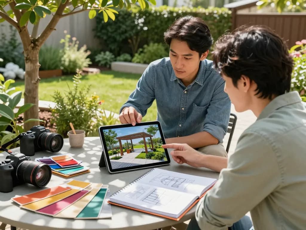 Configurador de pérgolas 3D presentado en un vibrante diseño de jardín en reunión con cliente y diseñador.