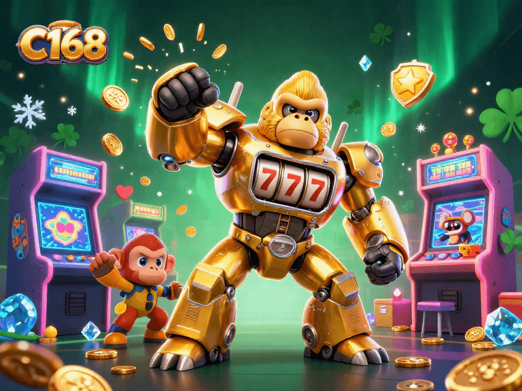 Experience gaming thrills with C168: a golden gorilla mech bursting with coins amidst vibrant casino elements.