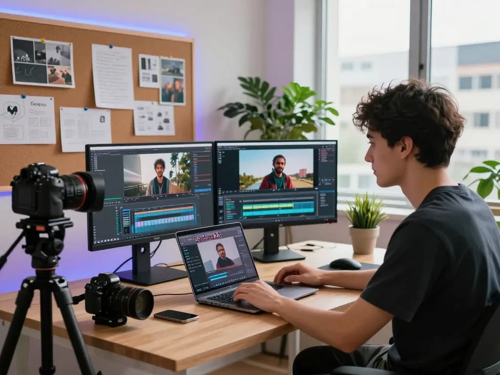 Filmmaker using seedance 2.0 in a modern workspace, showcasing AI-generated videos and camera equipment.