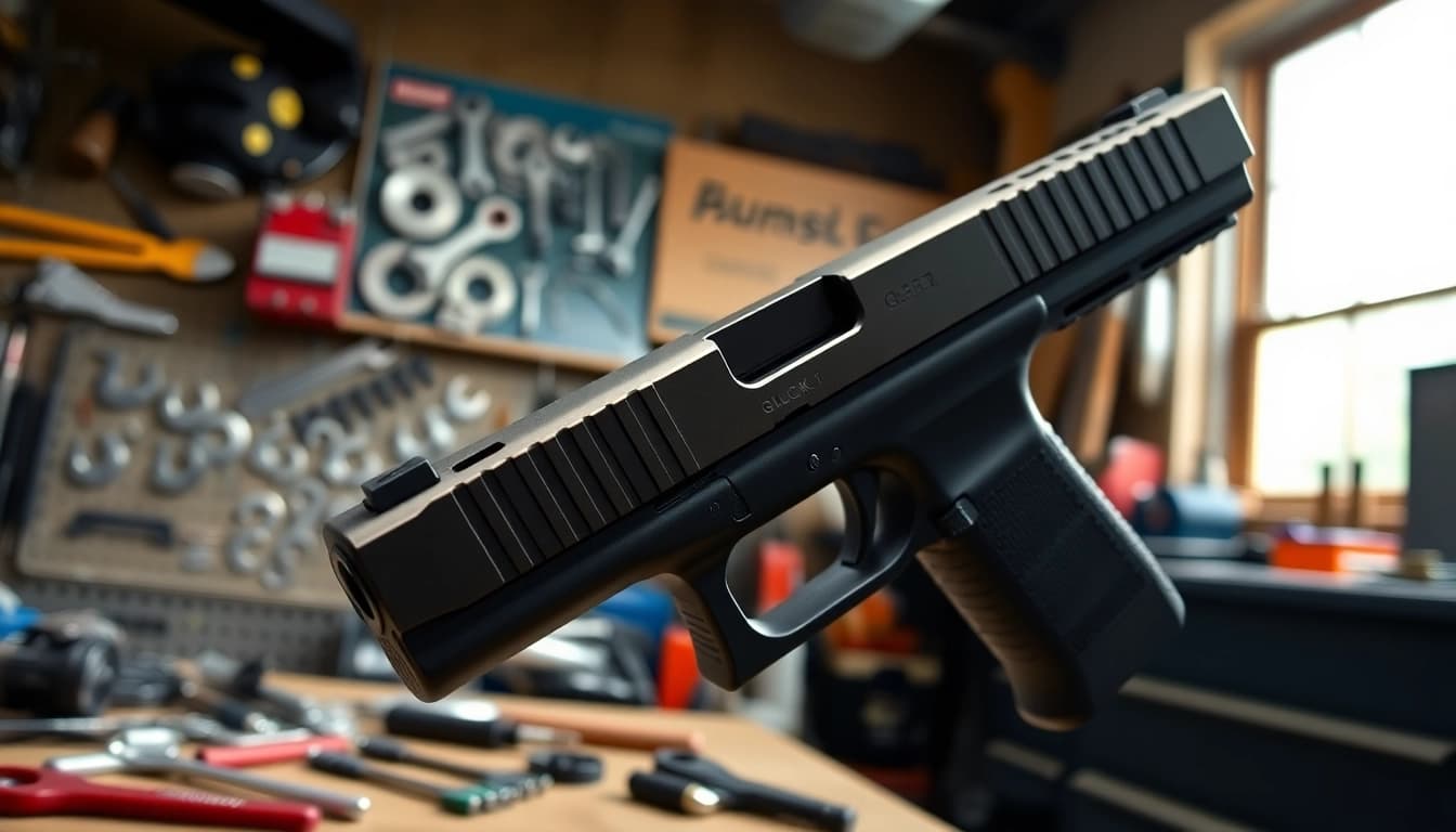 Upgrade glock 43x slide with custom precision engineering in a workshop.