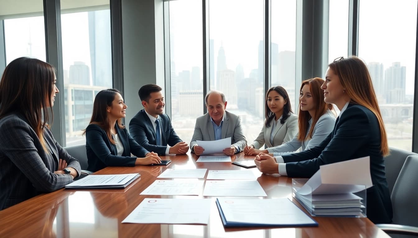 Team collaboration on annual compliance strategies in a bright office environment.