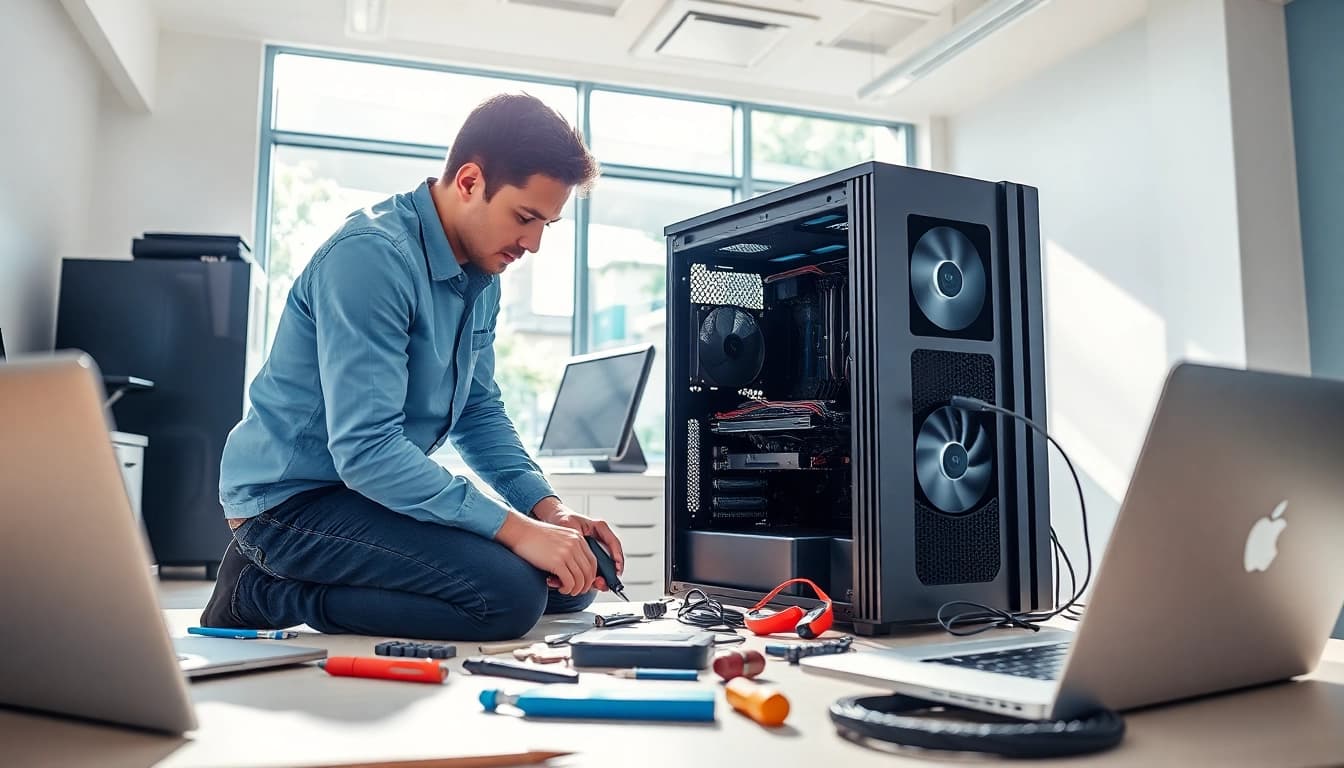 Technician providing computer service with open device and tools in a bright office