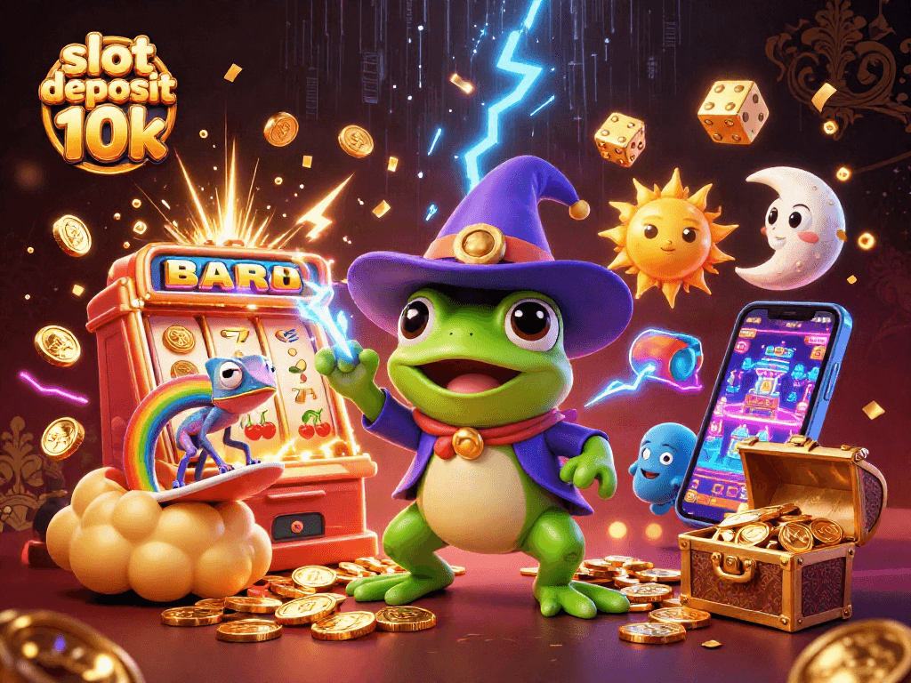 Engage with the slot deposit 10k showcase, featuring a magical frog, playful chameleon, and dazzling casino elements.