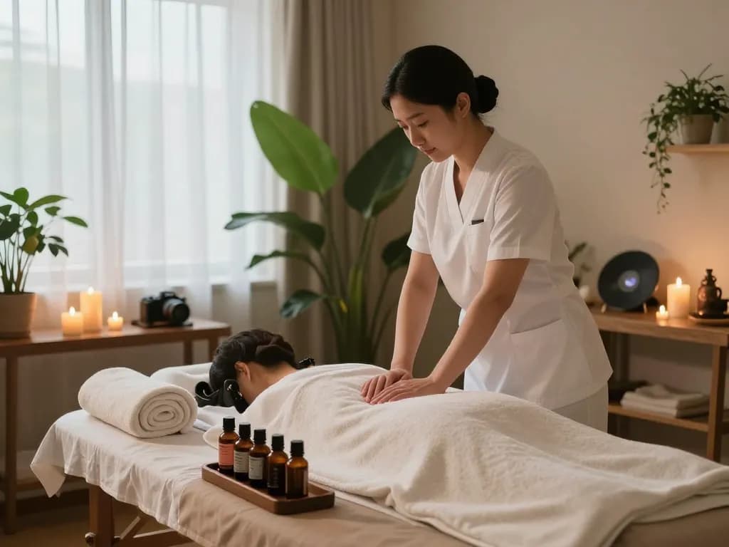 Tranquil spa scene featuring a therapist preparing a 관악스웨디시 massage with soothing elements.