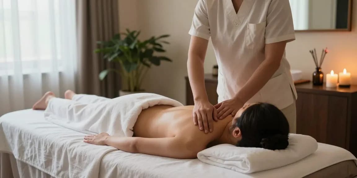 Relaxing atmosphere of a 1인샵 massage therapy session in a serene spa environment.