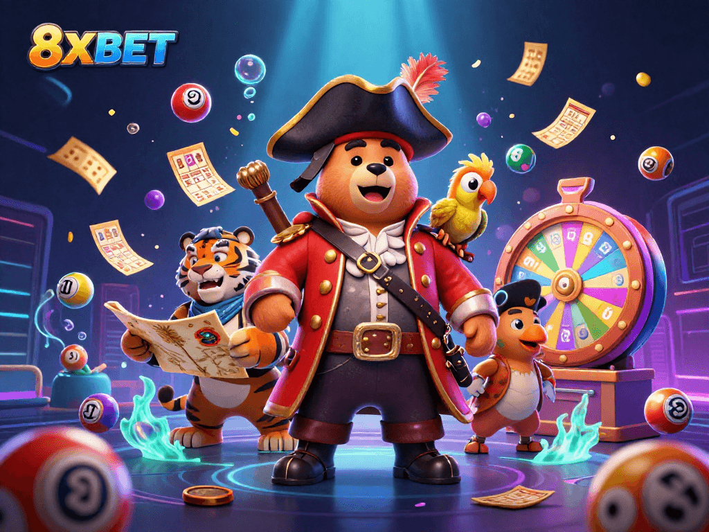 Win exciting jackpots with 8XBET in this vibrant casino adventure featuring colorful lottery elements.