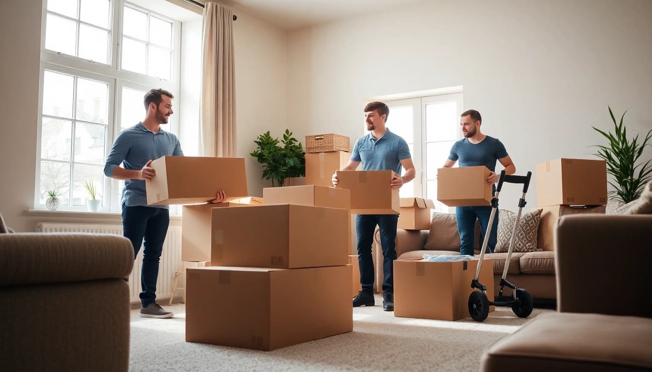 Efficient removals in cheltenham showcased in a bright home setting with packed boxes.