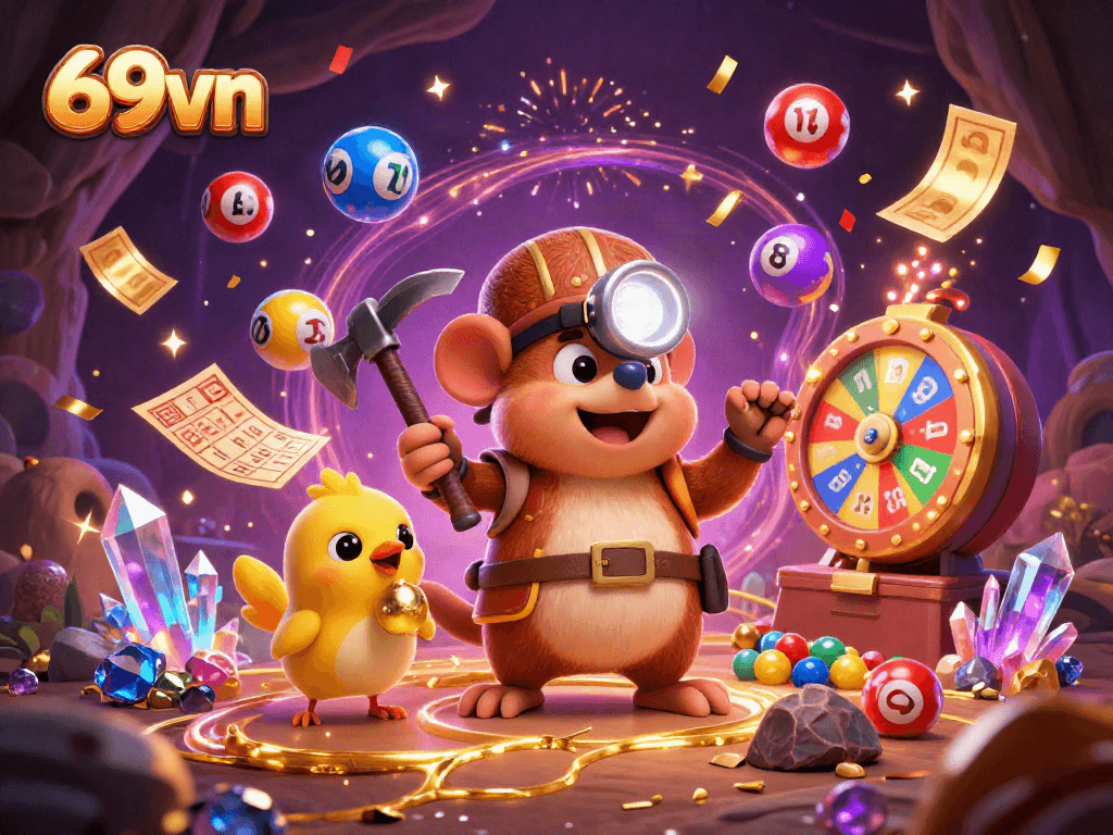 Engage with the vibrant world of 69vn through a dynamic 3D casino illustration depicting a treasure hunter adventure.