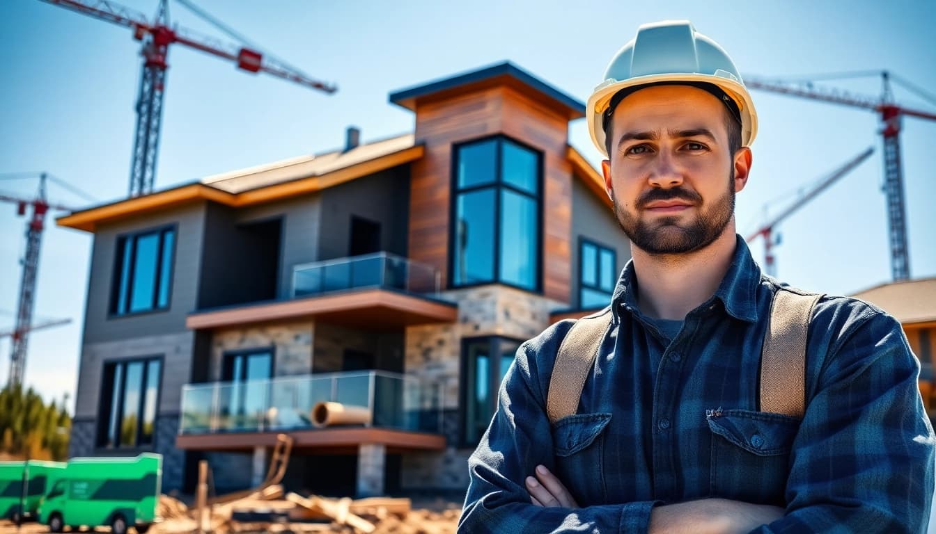 Showcasing a residential building developer on-site, emphasizing construction and professionalism.