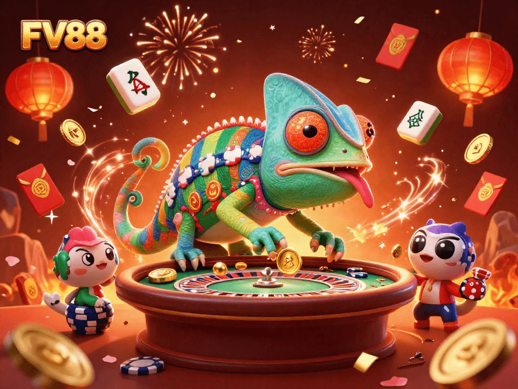 Experience exciting gaming adventures at FV88 with a vibrant illustration of a chameleon casino owner and dynamic elements.