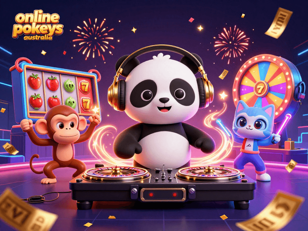 Experience the vibrant excitement of online pokies Australia with a lively illustration featuring playful characters and jackpot elements.