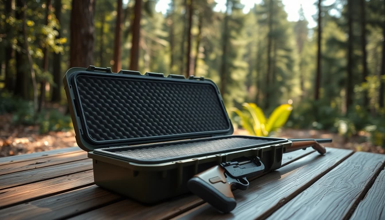 Discover the durability and functionality of the pelican rifle case against a natural backdrop.